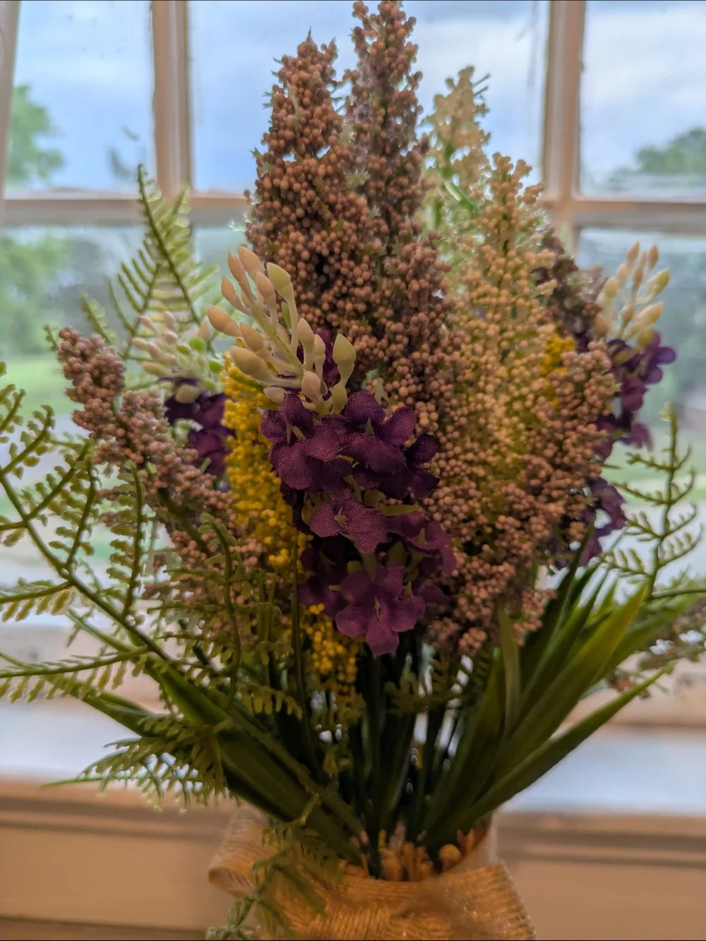 Rustic Lavender and Green Floral Arrangement with Burlap Bow